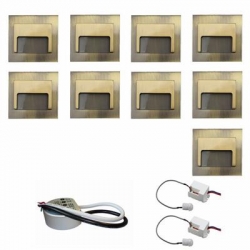 Zestaw 9 x oprawa schodowa ontario mosiądz ciepła + zasilacz LED 12V DC+ 2 czujniki ruchu 230V