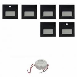 Zestaw 4 x oprawa schodowa ONTARIO + 2 oprawy z czujnikiem ruchu PIR czarny zimna biała +zasilacz 20W 12V DC